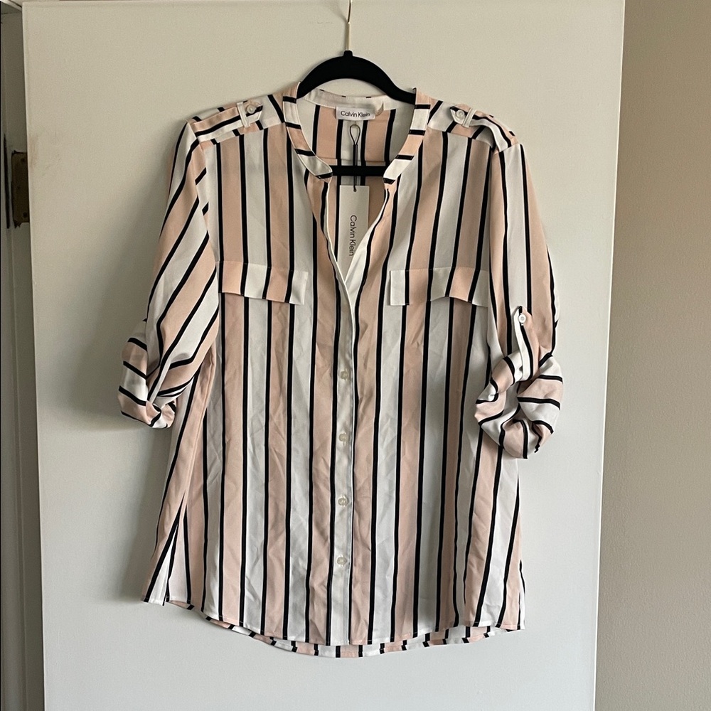 Calvin Klein Women's Button-Down Shirt - Cream and Black Stripes